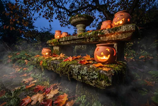 Glowing Terracotta Lanterns on Mossy Autumn Ledge