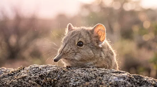 Backlit Elephant Shrew Peering Over Rock