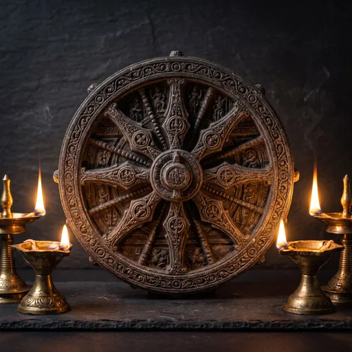 Carved Stone Konark Wheel With Oil Lamps