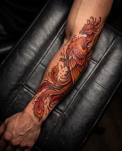 Vibrant Phoenix Forearm Tattoo on Black Leather