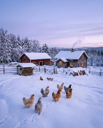 Hens Walking Across Snowy Nordic Farmstead