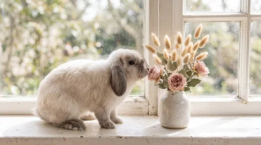 Lop Bunny Sniffing Flowers on Windowsill