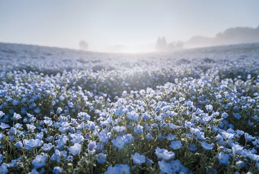 Misty Field of Blue Nemophila Flowers
