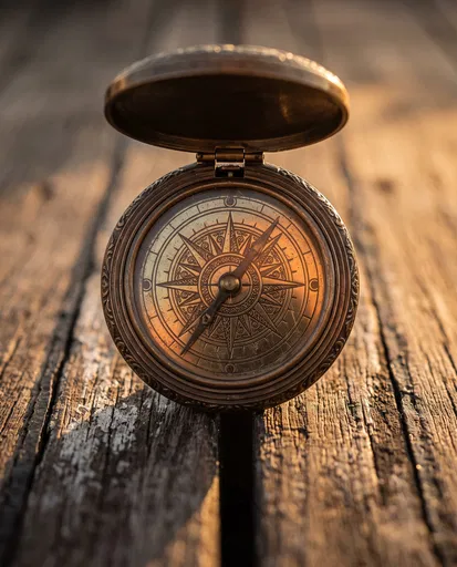 Antique Brass Compass on Weathered Wood