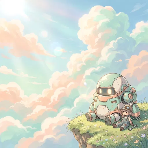 Chibi Mechanic and Robot on Cliff