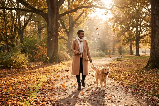 Woman Walking Golden Retriever in Autumn Park