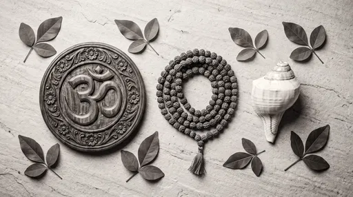 Monochrome Flat Lay of Sacred Hindu Objects