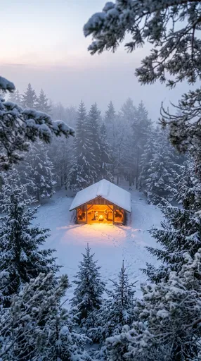 Glowing Nativity Stable in Snowy Forest