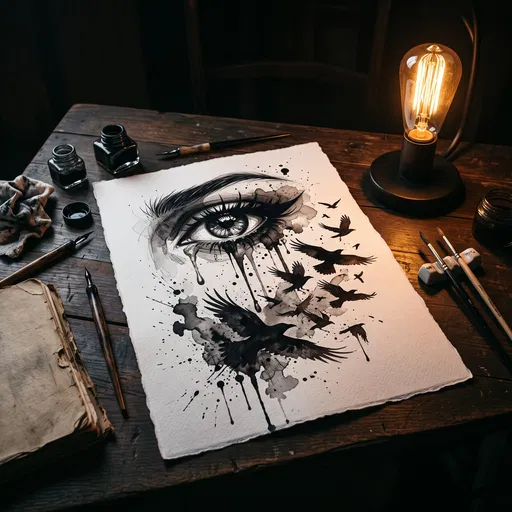 Gothic Eye and Ravens Ink Illustration