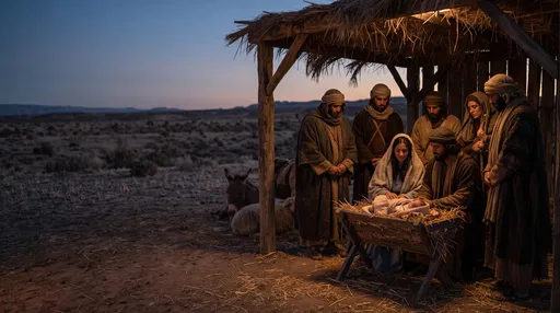 Outdoor Nativity Scene in Desert at Dusk