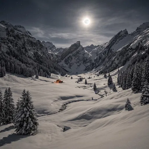 Moonlit Alpine Valley With Glowing Chalet