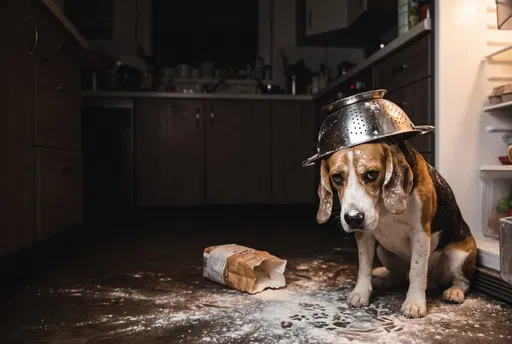 Guilty Beagle With Colander Hat in Kitchen