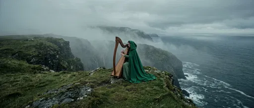 Woman Playing Harp on Misty Cliff