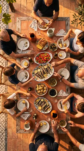 Family Sharing Sardine Dinner Outdoors