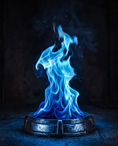 Glowing Blue Flame in Metal Brazier
