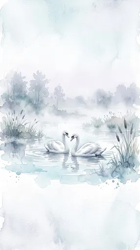 Watercolor Swans on Misty Morning Lake