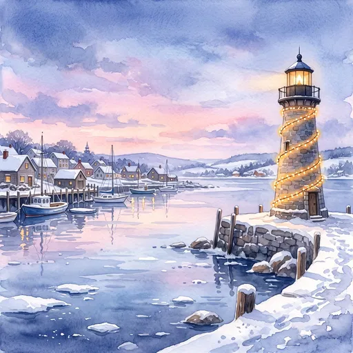 Watercolor Winter Lighthouse with Fairy Lights