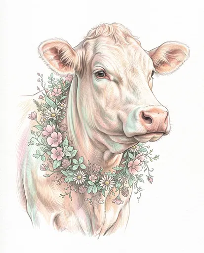 Pastel Colored Pencil Cow With Floral Wreath