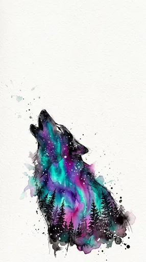 Watercolor Howling Wolf Aurora Silhouette