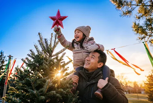 Father and Daughter Decorating Outdoor Christmas Tree