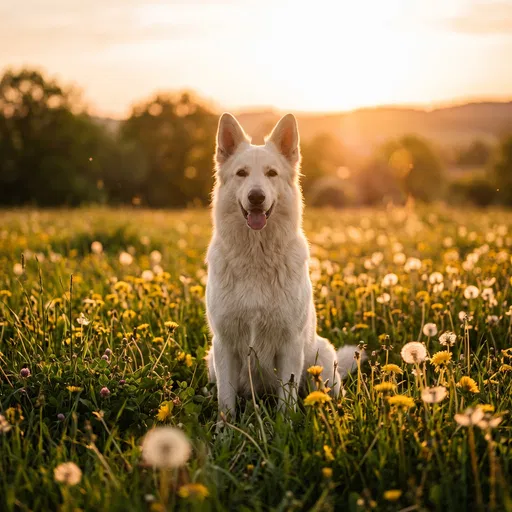 White Shepherd Dog in Sunset Meadow