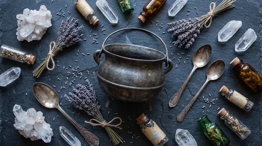 Pewter Cauldron and Apothecary Herbs Flat Lay