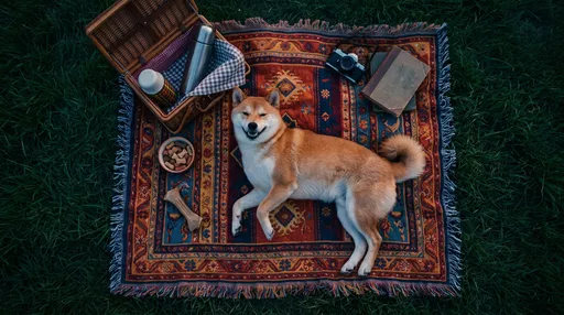 Shiba Inu on Picnic Blanket Flat Lay
