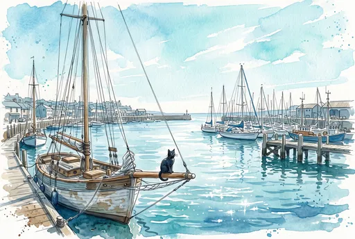 Watercolor Black Cat on Harbor Sailboat