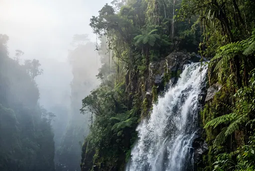 Misty Tropical Jungle Waterfall in Gorge
