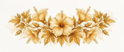 Golden Watercolor Hawaiian Hibiscus Floral Vignette