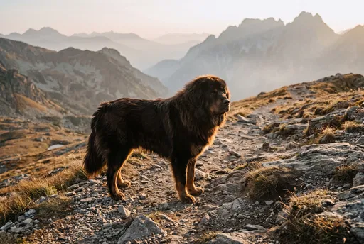 Tibetan Mastiff on Mountain Trail at Sunset
