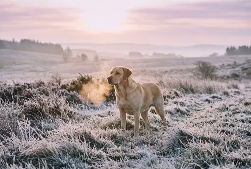 Yellow Labrador in Frosty Sunrise Meadow