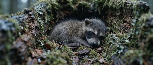 Baby Raccoon Sleeping in Mossy Log