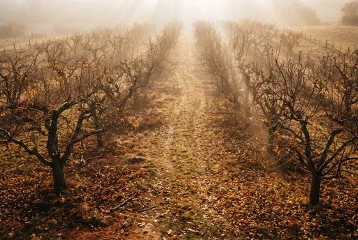 Misty Autumn Orchard Path at Sunrise