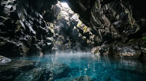 Steaming Turquoise Geothermal Pool in Volcanic Cave