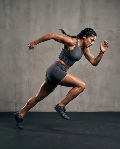 Muscular Woman Sprinting in Studio