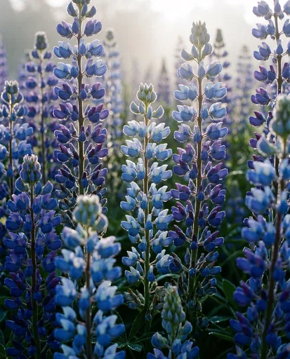 Backlit Blue Lupin Flower Spikes