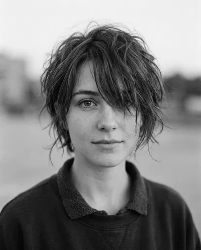 Monochrome Portrait of Woman with Tousled Hair