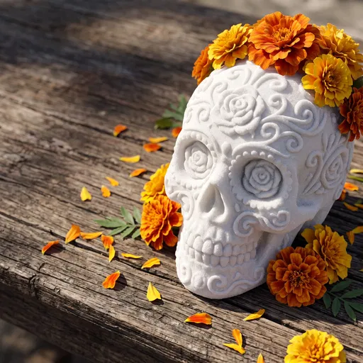 White Sugar Skull with Marigold Flowers