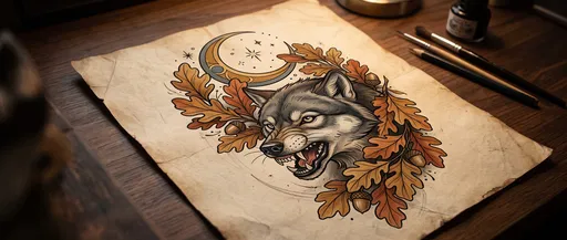 Wolf Tattoo Flash on Vintage Parchment