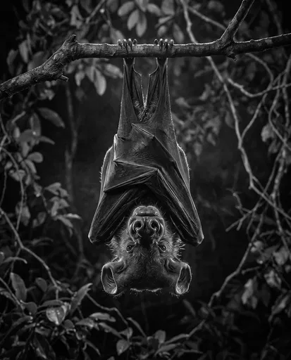Monochrome Hammerhead Bat Hanging From Branch
