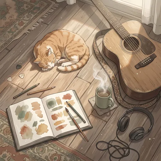 Cozy Anime Cat and Guitar Illustration