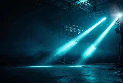 Dark Studio Stage With Cyan Light Beams