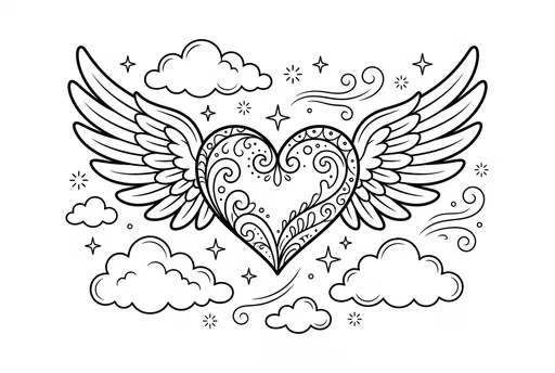 Winged Heart and Clouds Coloring Page