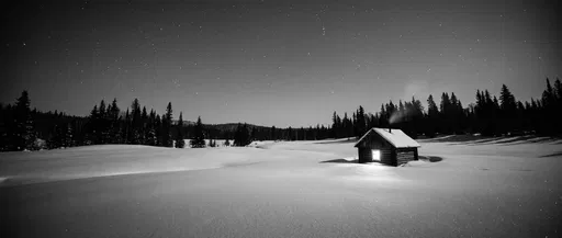 Solitary Log Cabin in Snowy Night Landscape