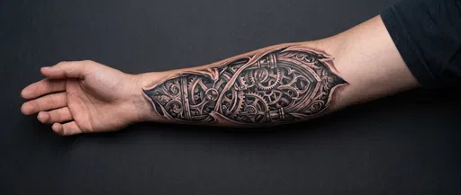 Biomechanical Clockwork Forearm Tattoo on Dark Background