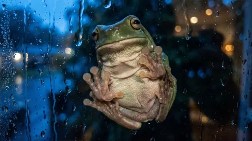 Green Tree Frog on Rainy Window