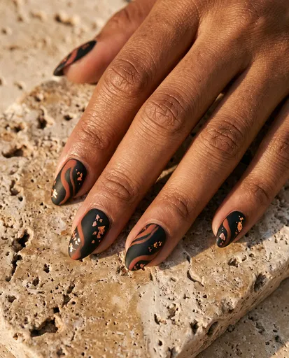Matte Black and Terracotta Nail Art
