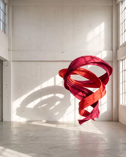 Floating Crimson Fabric Ribbon in Sunlit Studio