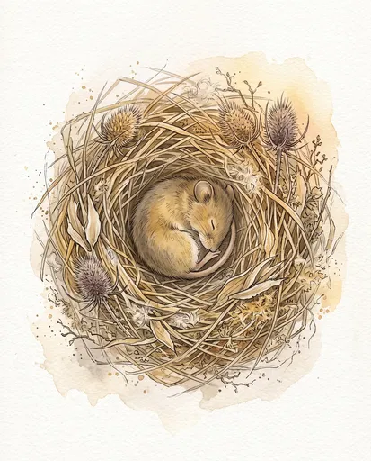 Watercolor Sleeping Field Mouse in Nest